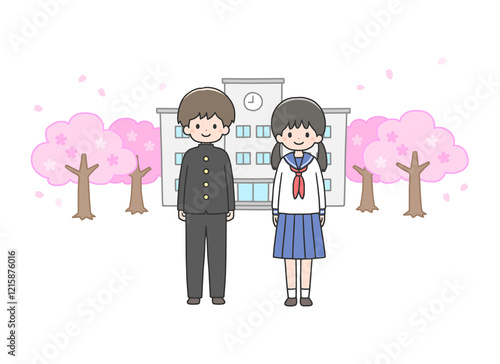 入学式　校舎の前に立つ学生たち