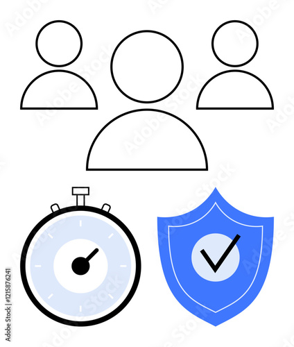 Group of three people stopwatch and shield with checkmark. Ideal for collaboration, efficiency, security, teamwork, reliability, punctuality, protection. Line metaphor