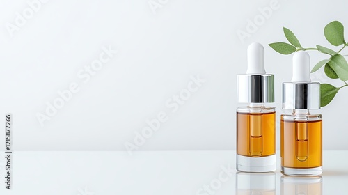 Minimalist skincare display with glass dropper bottles and greenery on white background, showcasing natural beauty products. photo