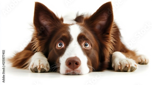 Adorable brown and white dog sadly rests head down soft light. AI Generated