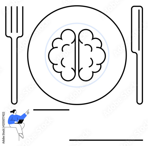 Brain on plate between fork and knife, with small figure working on a laptop. Ideal for education, creativity, health, productivity, learning, mindfulness, and abstract line flat metaphor