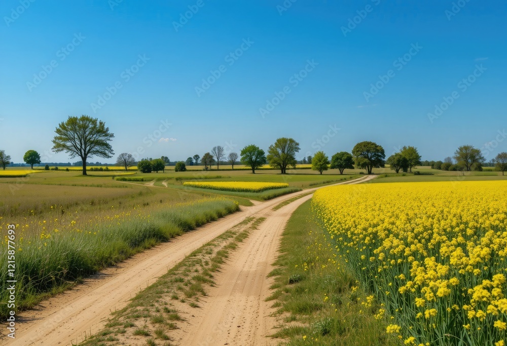 Scenic Country Road Winding Through Vibrant Yellow Fields Scenic Country Road Winding Through Vibrant Yellow Fields