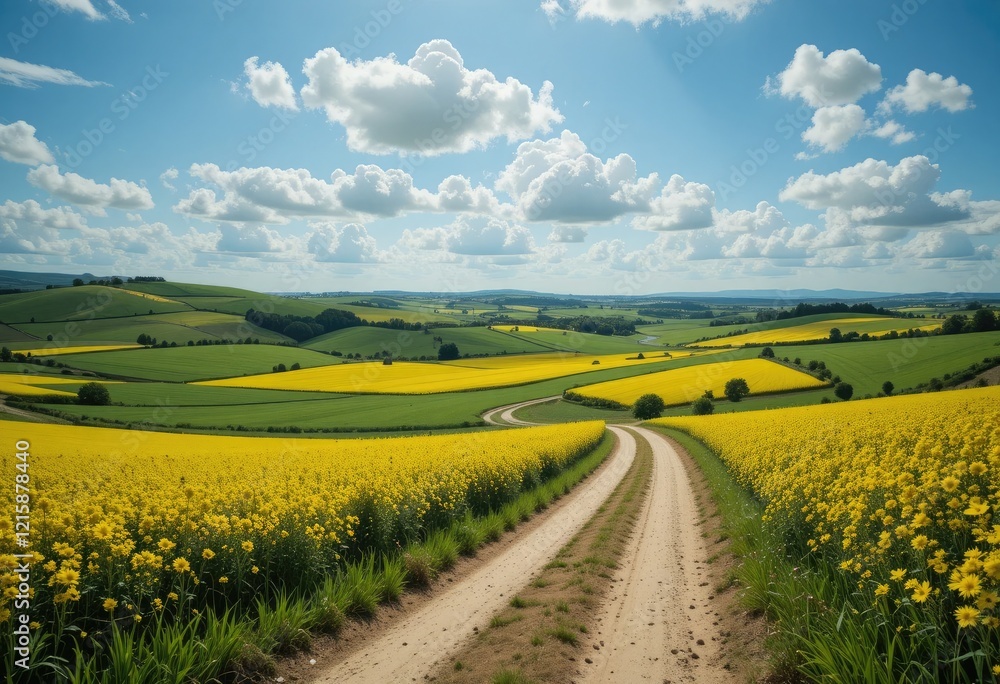 Obraz premium Scenic Country Road Winding Through Vibrant Yellow Fields