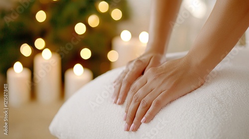 Wallpaper Mural Remedy stressed lifestyle concept. Relaxing spa scene featuring gentle hands on a soft towel, surrounded by glowing candles and a serene ambiance. Torontodigital.ca