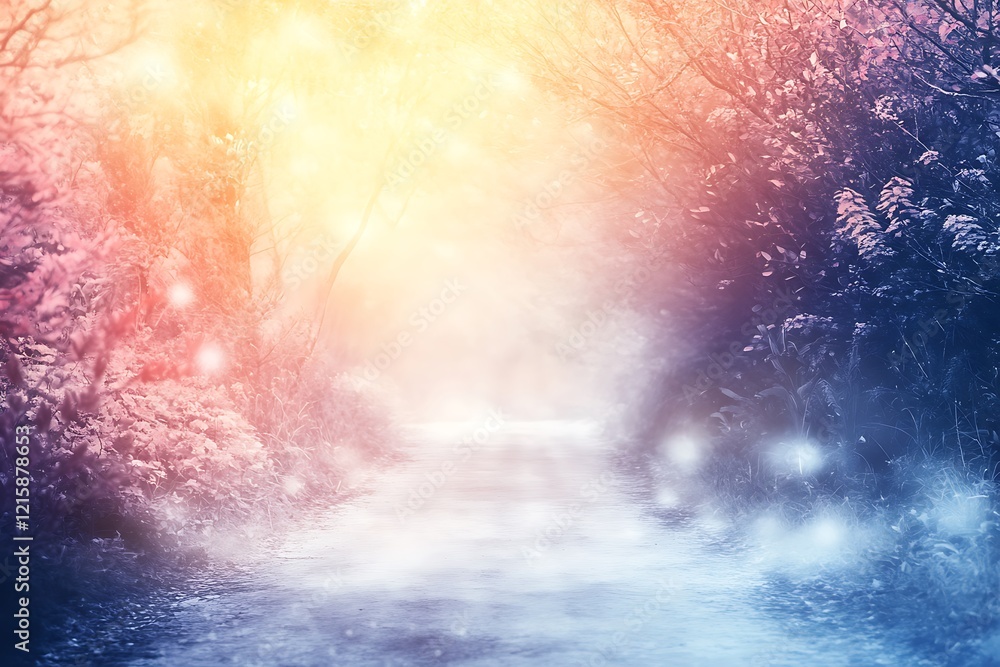 Fototapeta premium Enchanted Winter Path: Glowing Mist & Dreamlike Forest