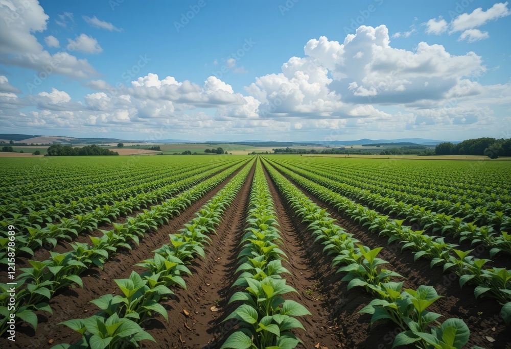 Vast agricultural field of young plants under a vibrant blue sky. Vast agricultural field of young plants under a vibrant blue sky.