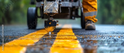 Worker paints vibrant yellow road lines sharply defined against dark asphalt using specialized equipment.. AI Generated