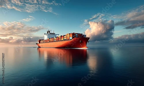 A large cargo ship navigates calm waters under a colorful sky at sunset.