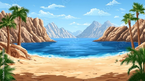 Serene Tropical Cove with Snow-Capped Mountains and Palm Trees