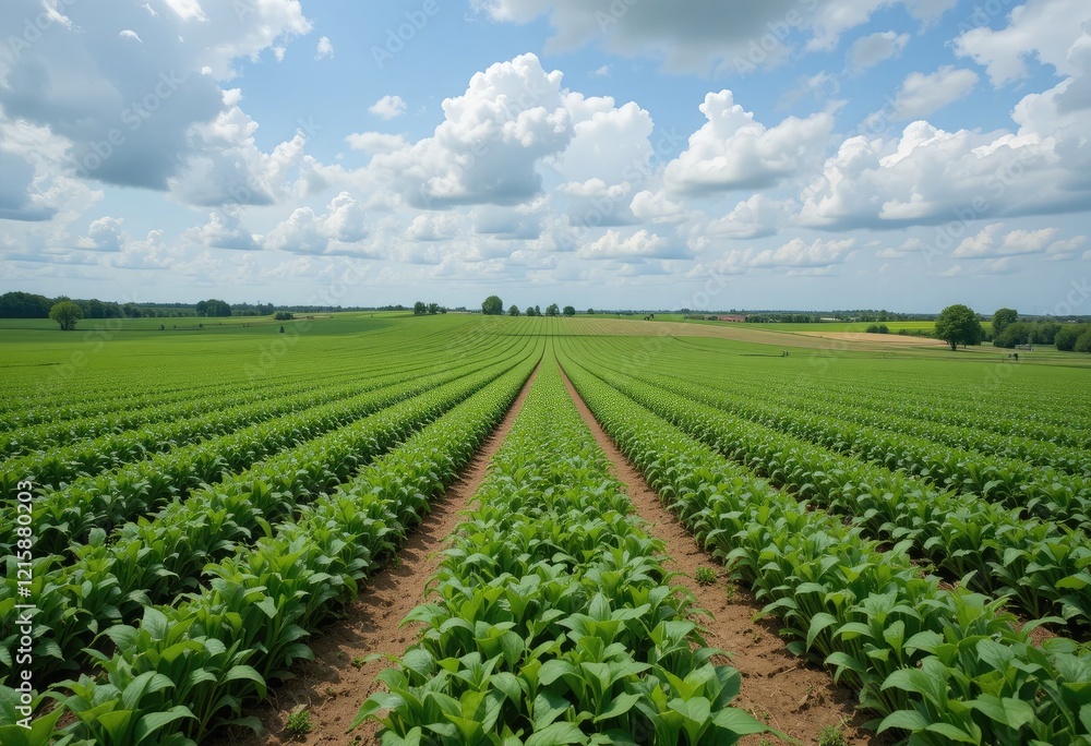 Vast agricultural field of young plants under a vibrant blue sky. Vast agricultural field of young plants under a vibrant blue sky.