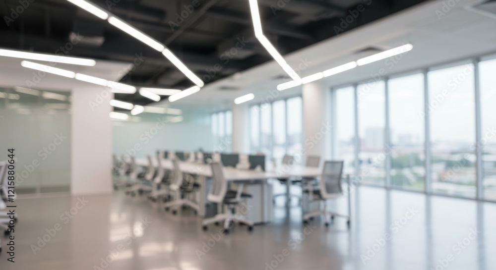Obraz premium Modern office interior, blurred background, open plan workspace, large windows, natural light, minimalist design, white desks