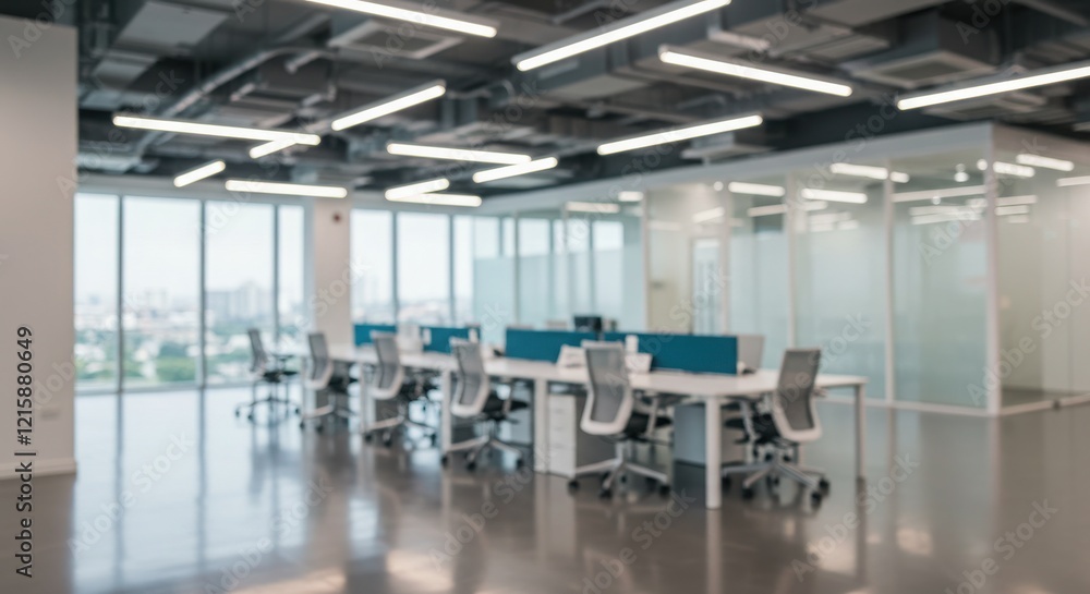 Modern office interior, blurred background, open plan workspace, large windows, natural light, minimalist design, white desks Modern office interior, blurred background, open plan workspace, large windows, natural light, minimalist design, white desks