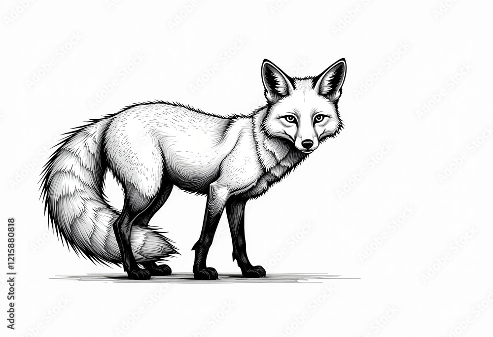 Fototapeta premium Black Line Nine-Tailed Fox, Minimalist Vector, Fine Line Art, White Background, Clean Design, No Shadow, No Gray, Simple Illustration, High Quality.
