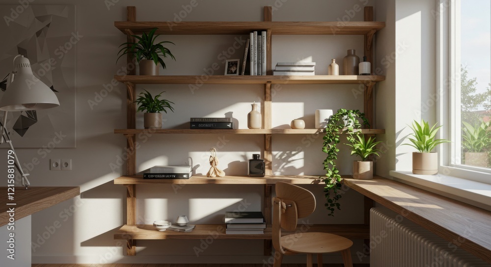 Fototapeta premium Minimalist home office, wooden shelves, potted plants, natural light, window, white walls, books, decorative objects, cozy interior, warm tones