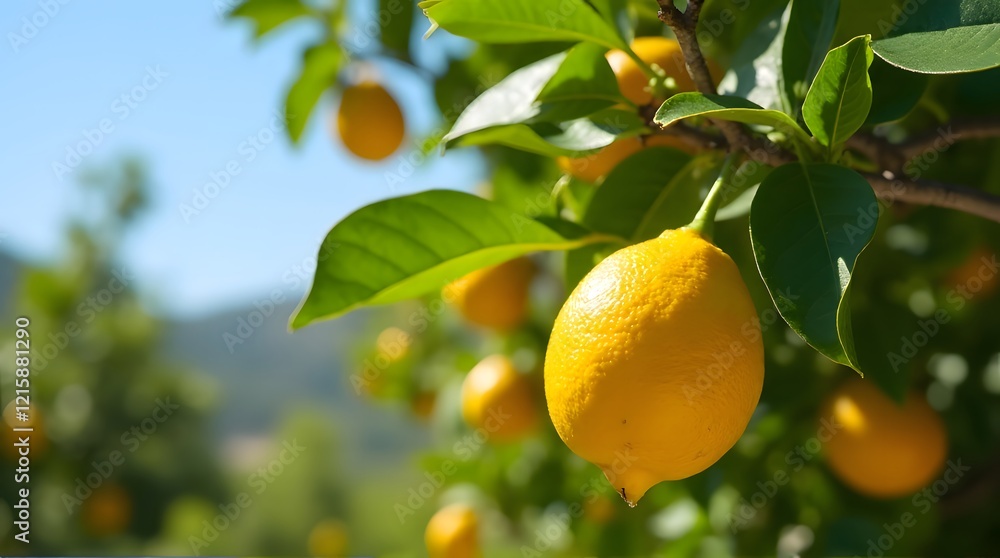 Ripe Yellow Lemons Growing On Lush Green Tree Sunny Orchard Background Ripe Yellow Lemons Growing On Lush Green Tree Sunny Orchard Background