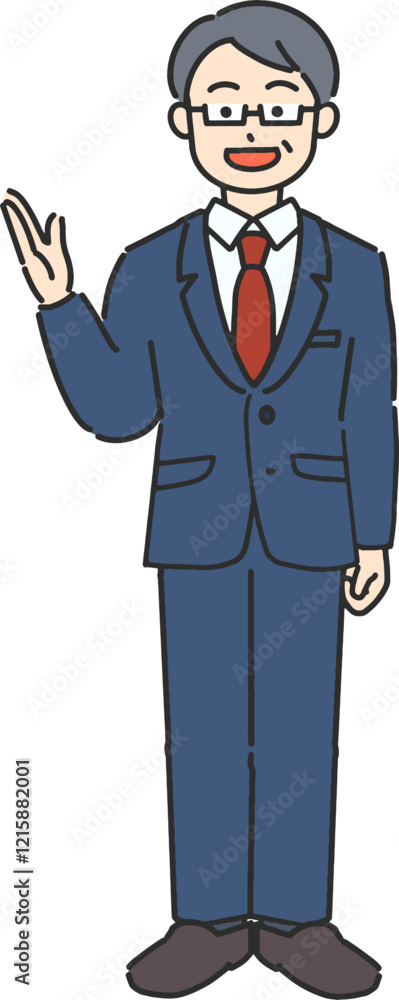 案内するベテランのビジネスマン／先生の全身イラスト
