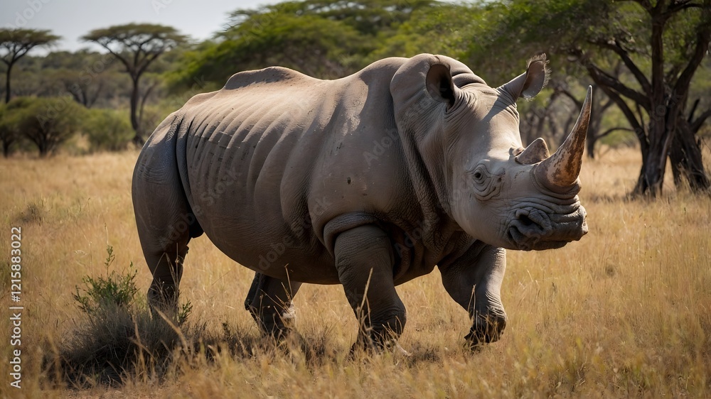 Obraz premium Serene Wilderness: Rhinoceros Grazing on the Open Savanna Plains