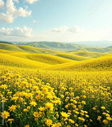 Rolling hills of bright yellow rape flowers stretching as far as the eye can see, bright yellow, distance, horizon
