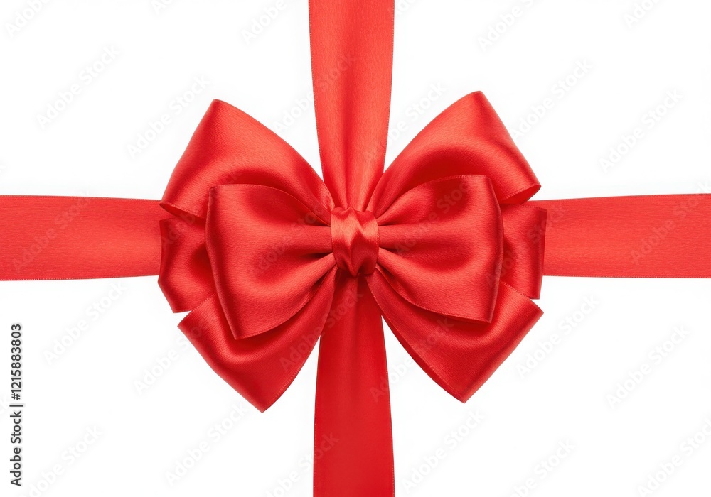 Red satin gift bow, glossy ribbon, symmetrical loops, festive decoration, bright crimson color, white background, centered composition Red satin gift bow, glossy ribbon, symmetrical loops, festive decoration, bright crimson color, white background, centered composition