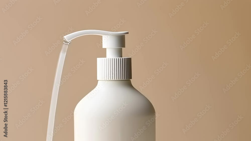 White pump bottle on a beige background, minimalist product display. White pump bottle on a beige background, minimalist product display.