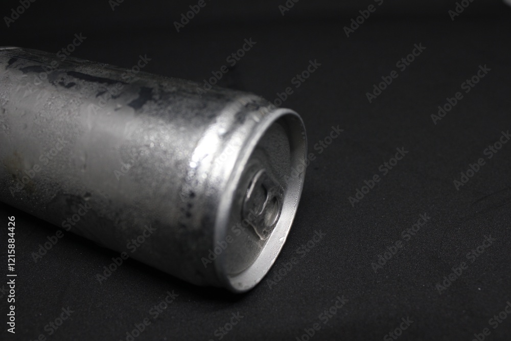 Close-up of an aluminum soda can lying on a dark background. Minimalistic and industrial design, showcasing texture and detail. Ideal for concepts of recycling, beverages, and packaging. Close-up of an aluminum soda can lying on a dark background. Minimalistic and industrial design, showcasing texture and detail. Ideal for concepts of recycling, beverages, and packaging.