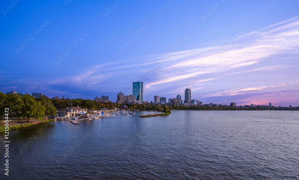 USA, Panoramic view of Boston skyline and downtown from Longfellow bridge over Charles River.