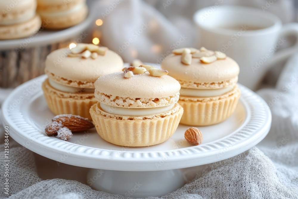 Three almond macarons on a cake stand. Perfect for blogs, menus, or food-related projects. Three almond macarons on a cake stand. Perfect for blogs, menus, or food-related projects.