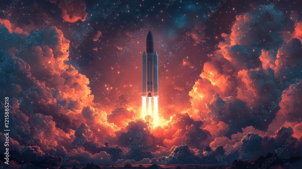 Fototapeta premium Majestic Rocket Launch: A Stellar Ascent Through Fiery Clouds