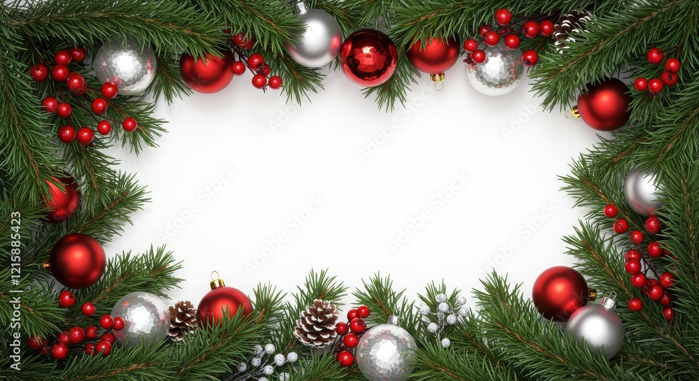 Christmas border, pine branches, red and silver ornaments, berries, white background, festive frame, holiday decorations, shiny baubles Christmas border, pine branches, red and silver ornaments, berries, white background, festive frame, holiday decorations, shiny baubles