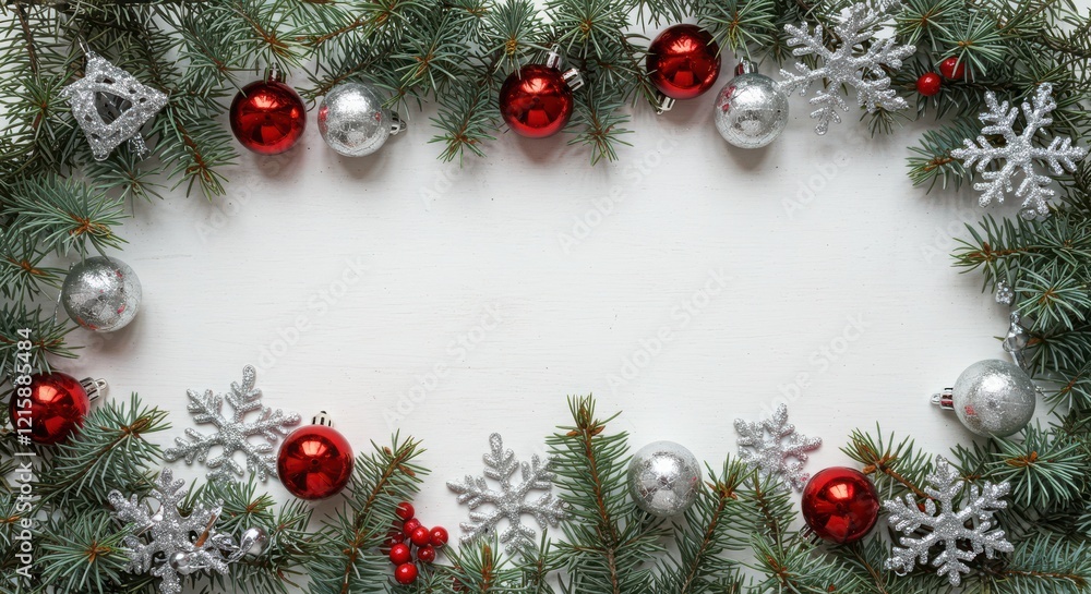 Christmas decorations, evergreen branches, silver and red ornaments, white background, snowflake ornaments, festive border, holiday Christmas decorations, evergreen branches, silver and red ornaments, white background, snowflake ornaments, festive border, holiday