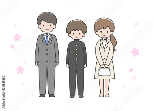 入学式　並んで立つ男子学生と両親