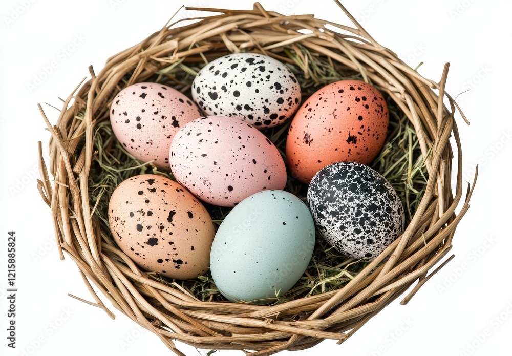 Pastel speckled eggs in a bird's nest. Pastel speckled eggs in a bird's nest.