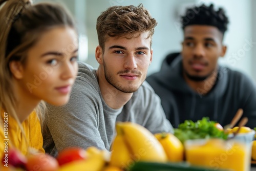 Young adults sit together, healthy fruits nearby. Photo depicts healthy eating, friendship, and wellbeing. photo