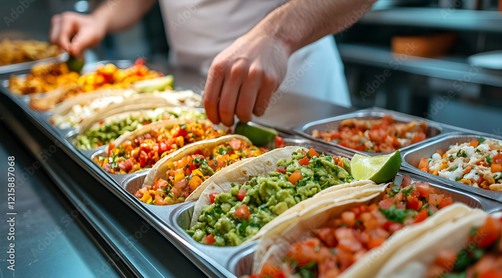 A person assembling tacos with colorful toppings in a restaurant kitchen, showcasing a variety of fresh ingredients.