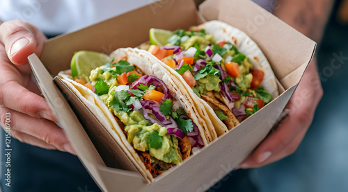 A person holds a takeaway box containing three delicious tacos, filled with colorful toppings like guacamole, tomatoes, and onions.