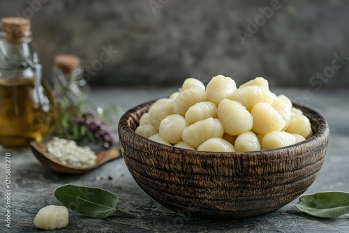 A rustic wooden bowl overflows with creamy gnocchi. Perfect for food blogs, recipes, or Italian cuisine themes.