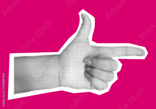 Hand pointing with forefinger to right side halftone collage vector illustration. Direction instruction and accusation on pink background