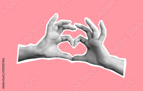 Hands forming heart shape with fingers halftone collage vector illustration. Conveying love affection and unity through body language on pink photo