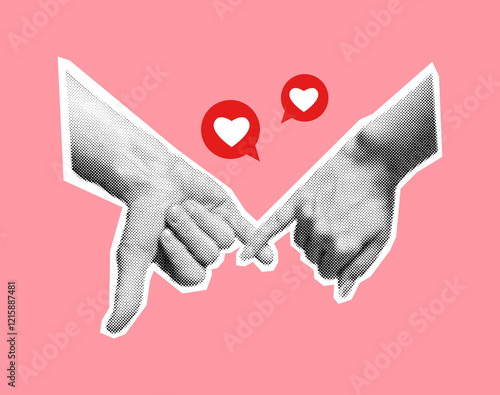 Interlocking pinky fingers of romantic couple halftone collage vector illustration. Heart icons and joined hands on pink background