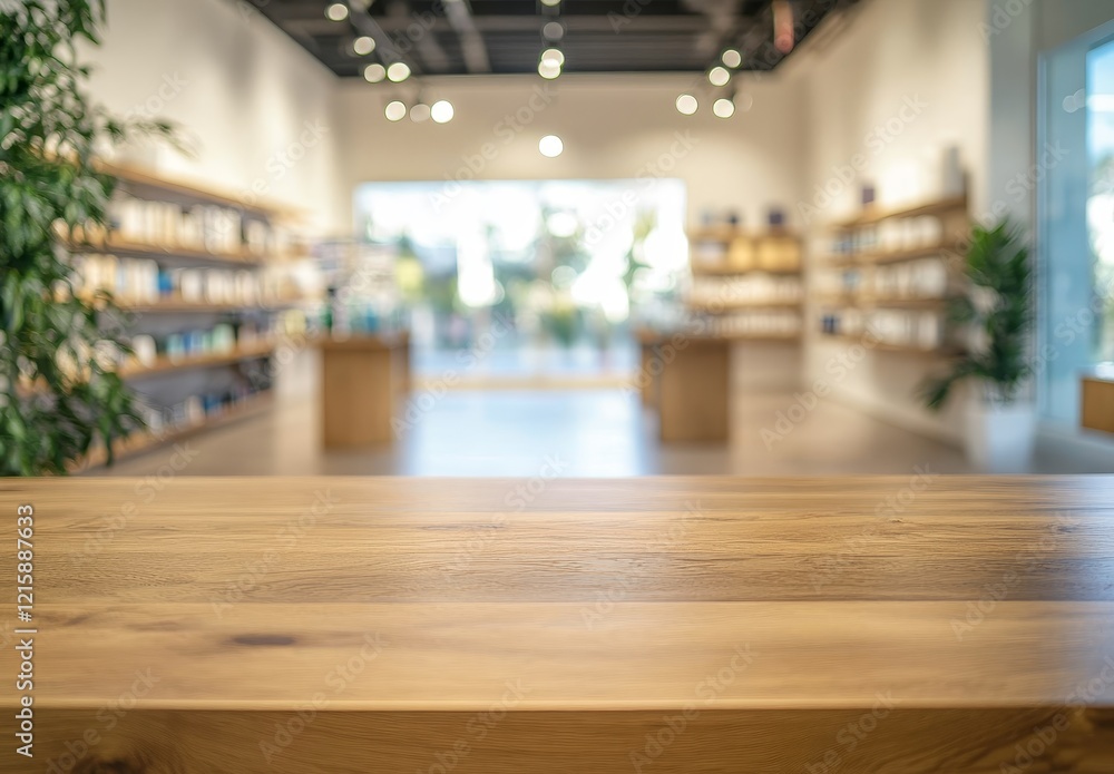 Empty wooden table in blurred modern shop. Empty wooden table in blurred modern shop.