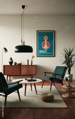 Retro 1960s interior design poster with iconic mid-century furniture and decor photo