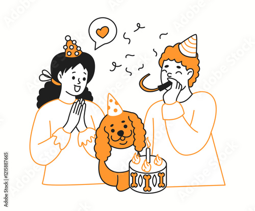 Young couple celebrating dog birthday orange color linear icon. Loving pet owners with pet and cake characters doodle simple illustration