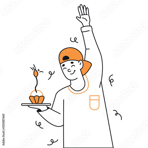 Joyful teenage boy with birthday cupcake orange color linear icon. Young man student celebrating holiday character doodle simple illustration