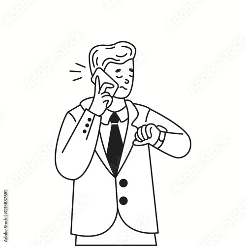 Stressed businessman talking on phone and checking time on wristwatch linear icon. Feeling impatient man doodle character thin line illustration