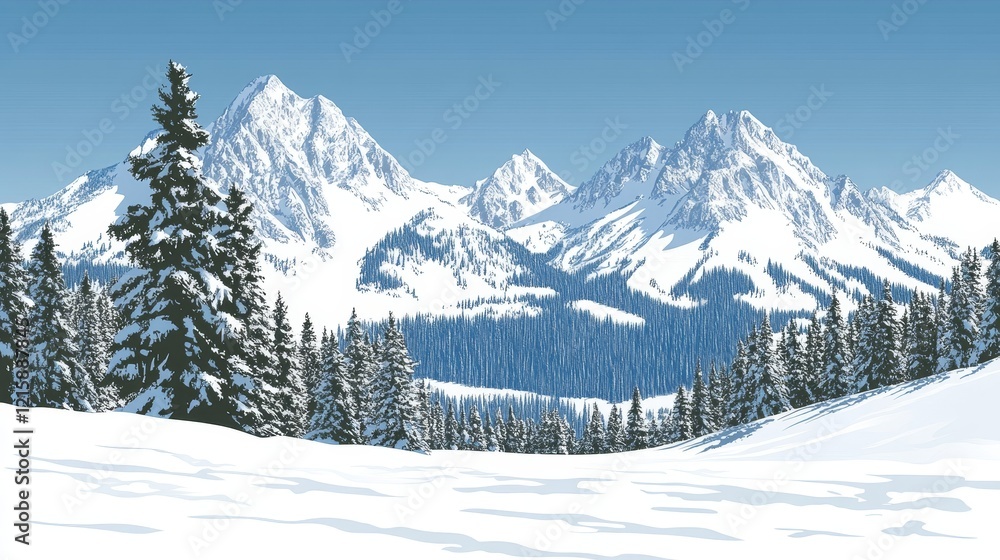 Majestic snow-capped mountains rising above a winter forest landscape Majestic snow-capped mountains rising above a winter forest landscape