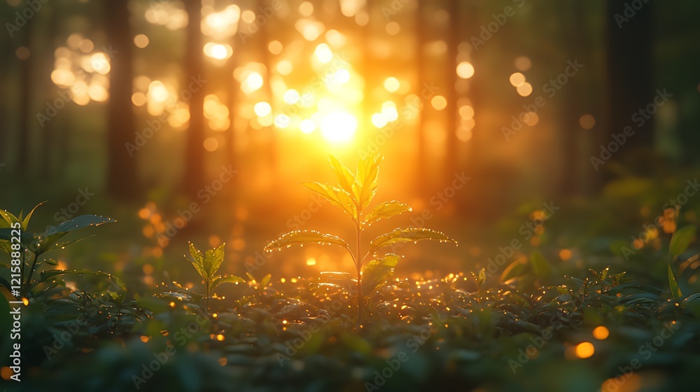 Naklejka premium Sunrise illuminates young plant in forest