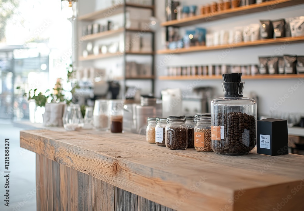 Rustic wooden counter with coffee beans, spices, and sugar jars in a bright cafe. Rustic wooden counter with coffee beans, spices, and sugar jars in a bright cafe.