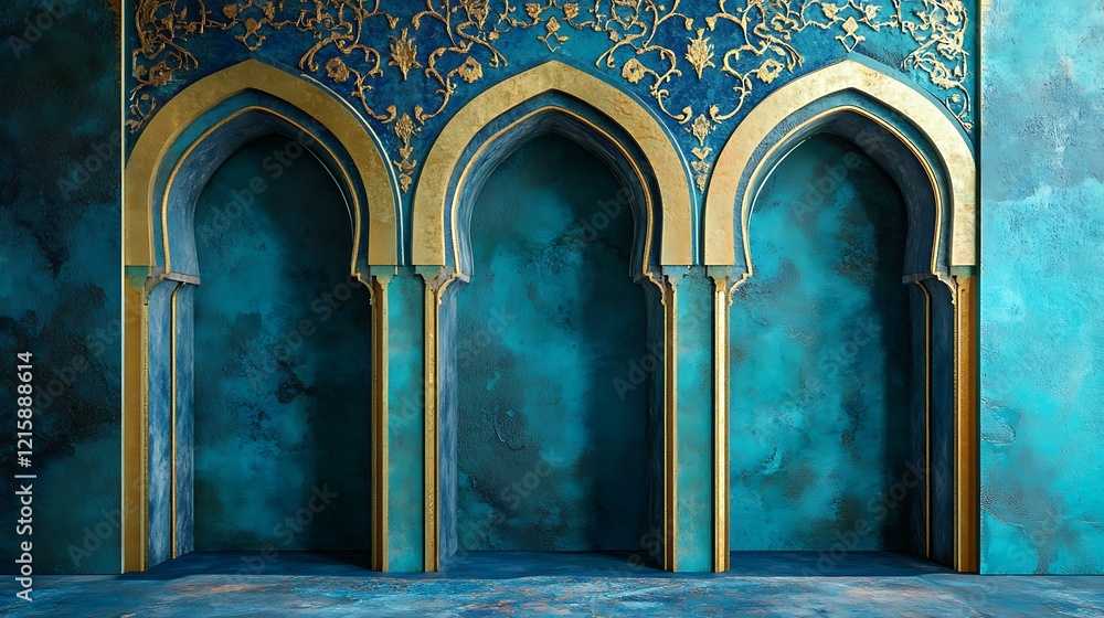 Naklejka premium Elegant Teal Wall with Golden Arches and Intricate Design