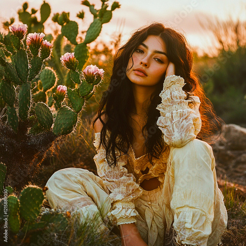 A stylish woman in ruffled boho attire poses thoughtfully among blooming cacti in a golden desert sunset, creating a warm, natural, and free-spirited mood.