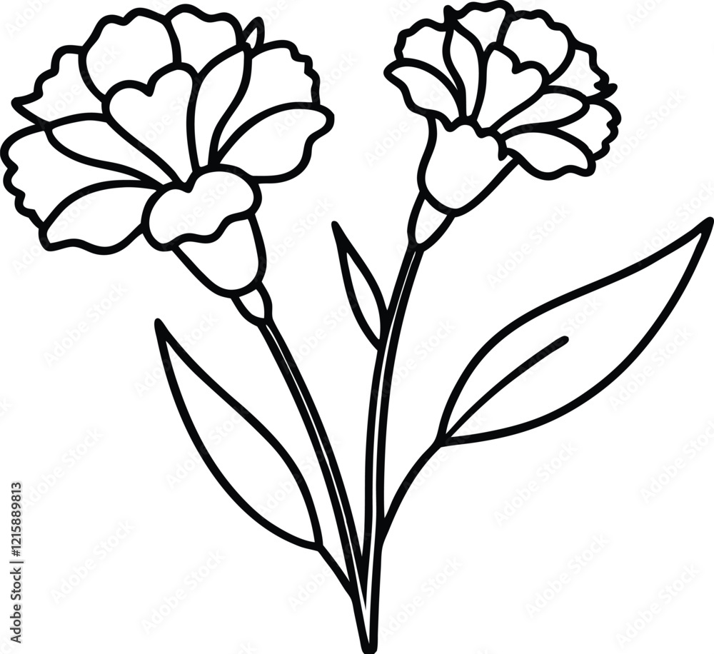 Elegant Carnation Line Art with Leaves and Buds in Black and White Vector Design Elegant Carnation Line Art with Leaves and Buds in Black and White Vector Design